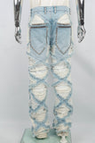 Men's Light Blue Diamond Patch Distressed Jeans