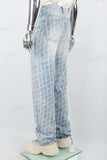 Men's light blue jacquard laser printed baggy jeans