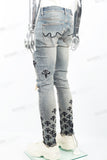 Blue Washed Tattered Embroidered Skinny Jeans