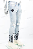 Light Blue Tattered Embroidered Skinny Jeans
