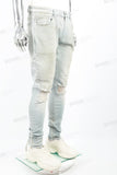 Light Blue Heavy Wash Distressed Embroidered Skinny Jeans