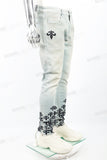 Light blue distressed rewashed tattered embroidered Skinny Jeans