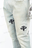 Light blue distressed rewashed tattered embroidered Skinny Jeans