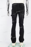 Black embroidered patchwork flared overalls