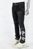 Black embroidered patchwork flared overalls
