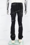 Black embroidered patchwork flared overalls