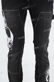 Black embroidered patchwork flared overalls