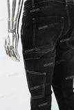 Black embroidered patchwork flared overalls