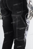 Black embroidered patchwork flared overalls