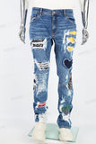 Blue Tattered Doily Embroidered White Graffiti Stack Jeans