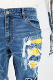 Blue Tattered Doily Embroidered White Graffiti Stack Jeans