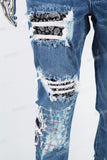 Blue Tattered Doily Embroidered White Graffiti Stack Jeans