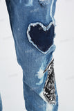 Blue Tattered Doily Embroidered White Graffiti Stack Jeans