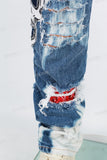 Blue Tattered Doily Embroidered White Graffiti Stack Jeans