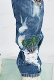 Blue Tattered Doily Embroidered White Graffiti Stack Jeans