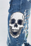 Blue Tattered Doily Embroidered White Graffiti Stack Jeans