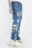 Blue Tattered Doily Embroidered White Graffiti Stack Jeans