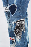 Blue Tattered Doily Embroidered White Graffiti Stack Jeans