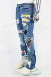 Blue Tattered Doily Embroidered White Graffiti Stack Jeans