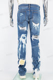 Blue Tattered Doily Embroidered White Graffiti Stack Jeans