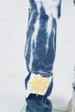 Blue Tattered Doily Embroidered White Graffiti Stack Jeans