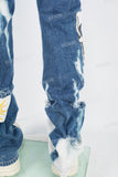 Blue Tattered Doily Embroidered White Graffiti Stack Jeans