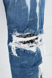Blue Tattered Doily Embroidered White Graffiti Stack Jeans