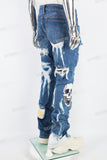 Blue Tattered Doily Embroidered White Graffiti Stack Jeans