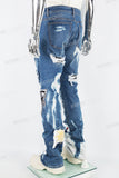 Blue Tattered Doily Embroidered White Graffiti Stack Jeans