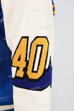 Blue and white leather embroidered baseball jacket