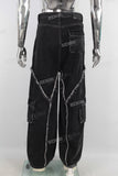 Black wide leg patchwork cargo jeans men