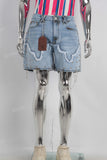 Blue patchwork acid washed rivet shorts