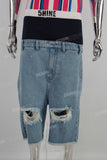 Blue patchwork damaged boot cut shorts
