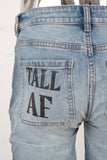 Blue damage digital print flare bottom jeans