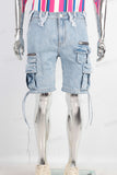 Blue patchwork embossed cargo shorts