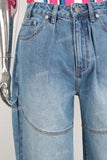 Blue baggy zip up patchwork jeans