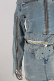 Blue denim zip up jacket and boot cut skirt set