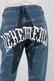 Blue digital print straight jeans women