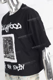 Black digital print patchwork t shirt
