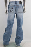 Blue straight damage digital print jeans