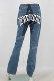 Blue digital print straight jeans women