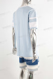 Blue digital print patchwork t shirt and screen print shorts