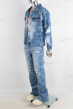 Blue laser acid washed damaged jacket and jeans set