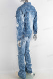 Blue laser acid washed damaged jacket and jeans set