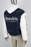 Blue embroidered leather hooded jacket