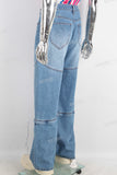 Blue baggy zip up patchwork jeans