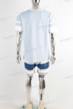 Blue digital print patchwork t shirt and screen print shorts