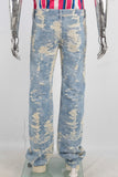 Blue straight damaged screen print jeans