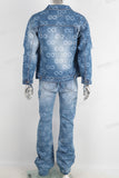 Blue laser acid washed damaged jacket and jeans set