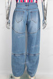 Blue baggy zip up patchwork jeans